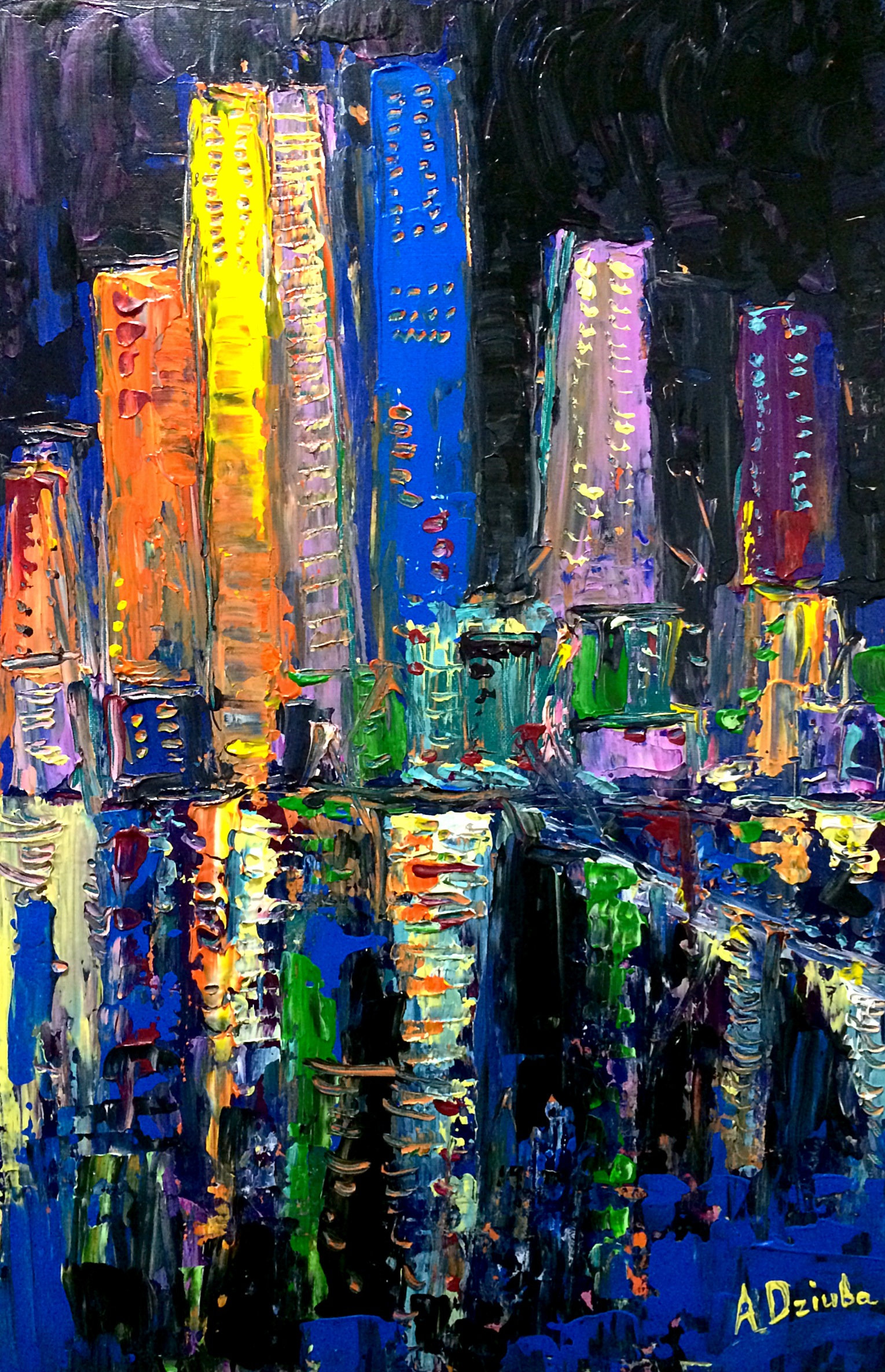 Night Colours - Original abstract painting of the Hong Kong skyscrapers by Adriana Dziuba
