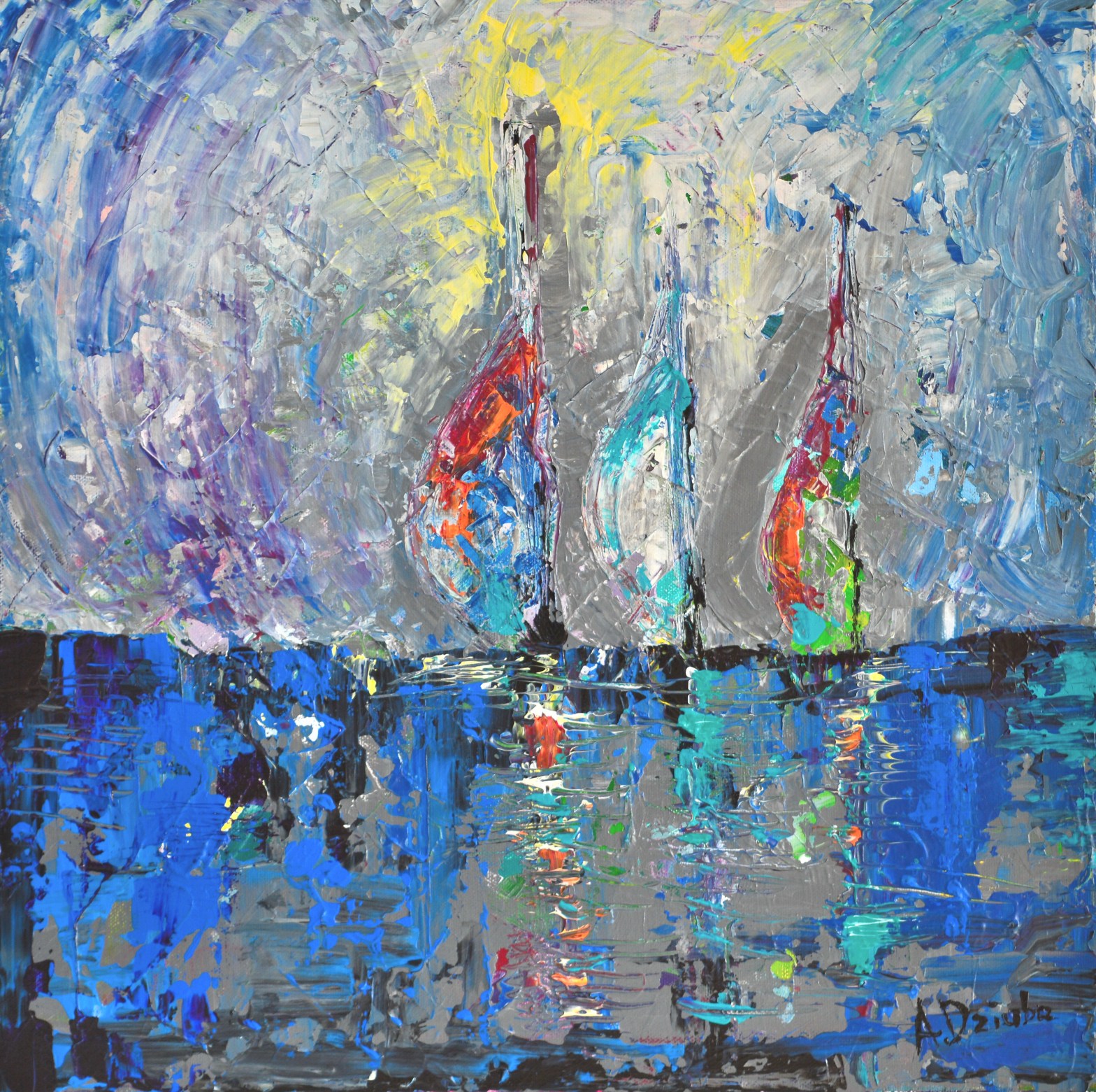 Three Sailboats original palette knife painting of sea and sailboats gift modern art office art decor home decor gift idea