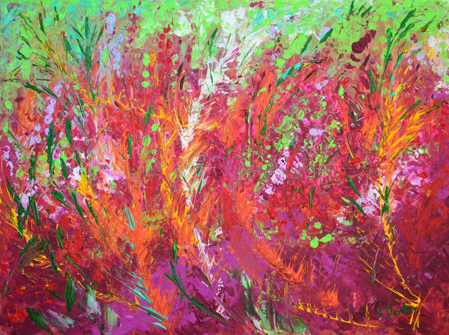 Fiery Meadow original palette knife acrylic painting on canvas by Adriana Dziuba