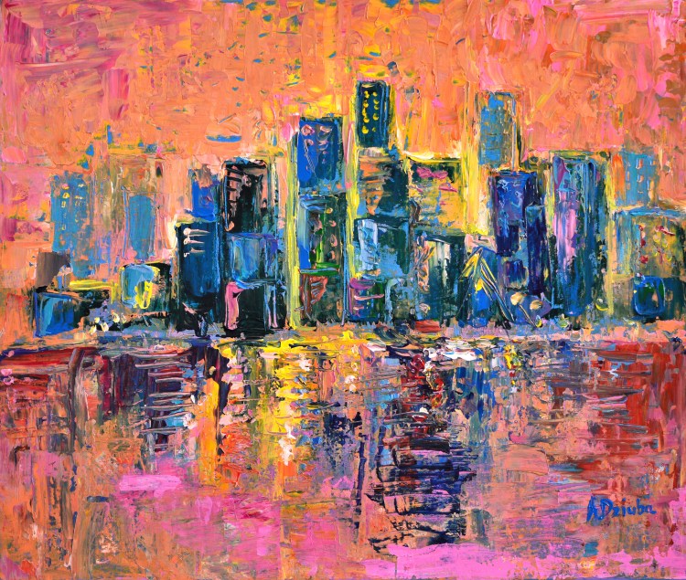 Pink Sky - original abstract acrylic painting of the sunset over the New York Harbour by Adriana Dziuba