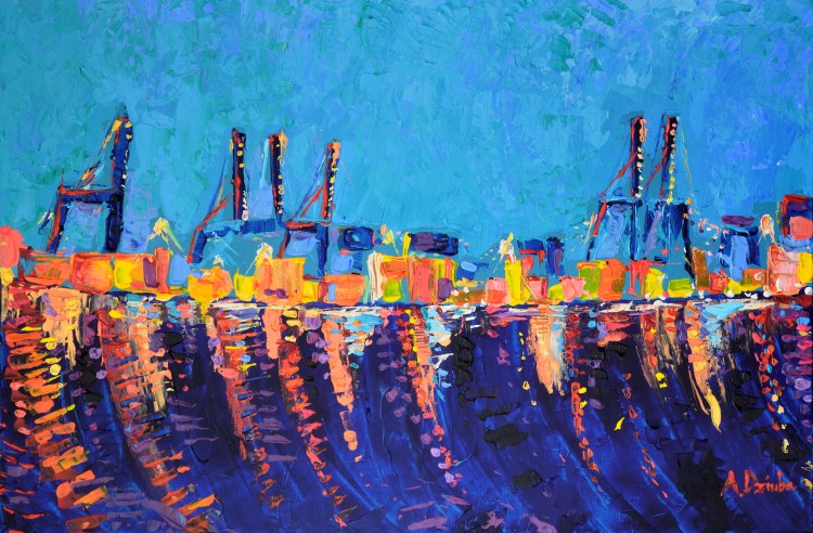 Port of Malaga - original abstract acrylic painting of the port of Malaga in Spain by Adriana Dziuba.
