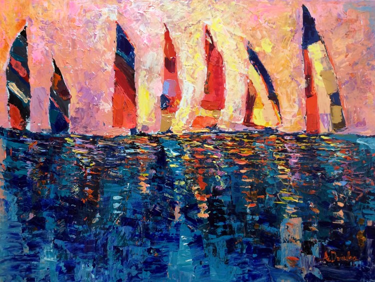 Race at Dusk – palette knives, original modern abstract acrylic painting on canvas, sailing boats race at dusk by Adriana Dziuba, Size: 80x60cm