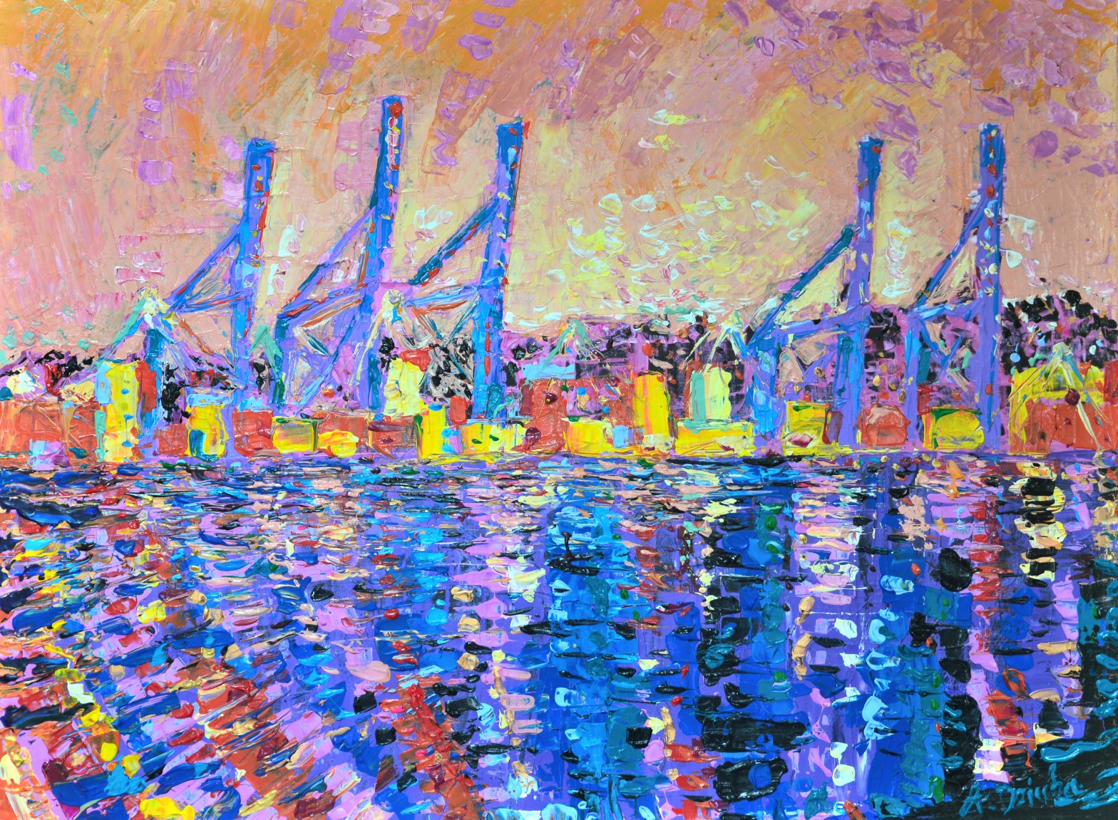 Sunset Over Port Of Malaga, original, abstract, acrylic painting of the port of Malaga in Spain at Sunset by Adriana Dziuba