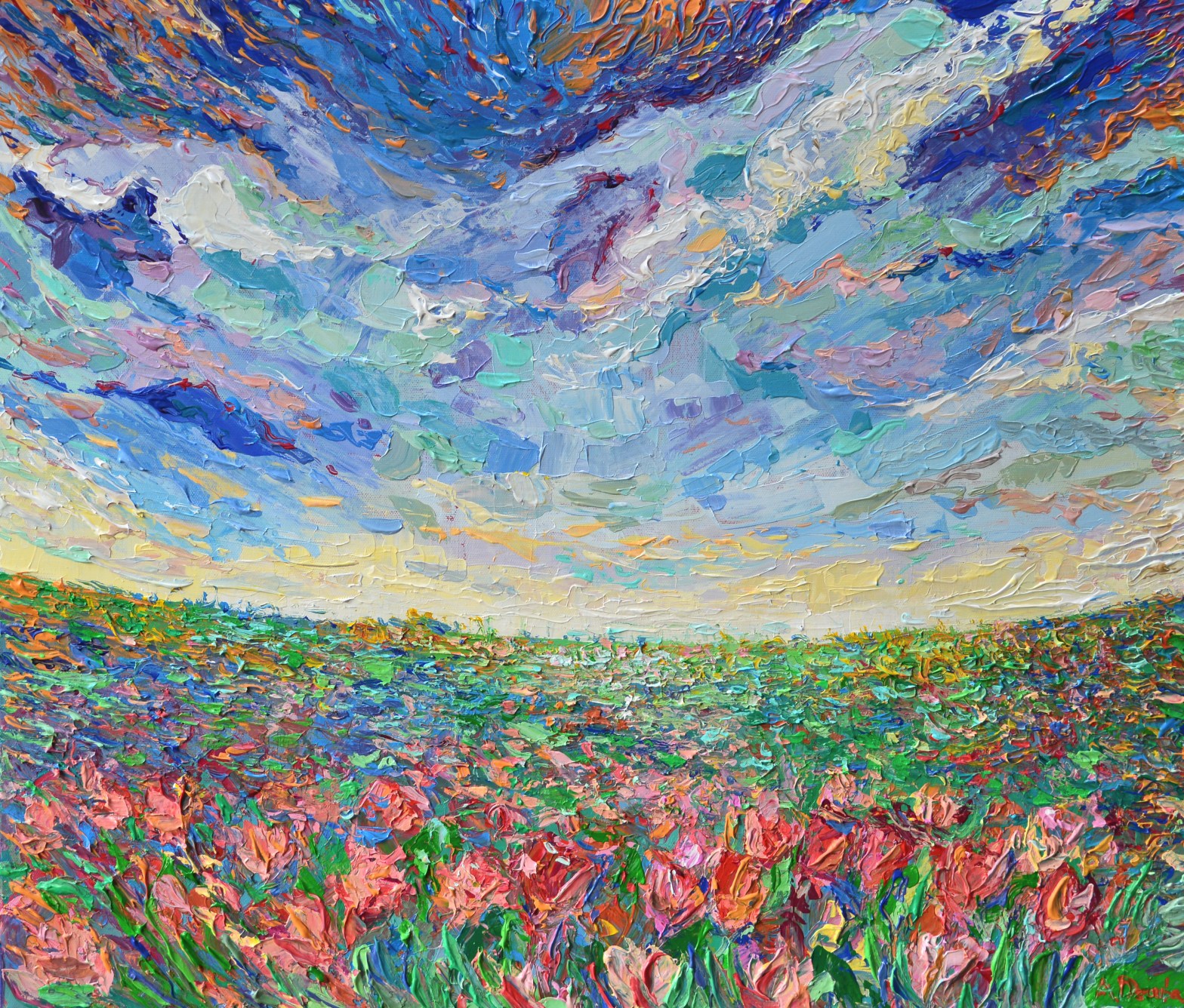 Field of Tulips, Original acrylic, palette knives landscape painting of meadow with tulips by Adriana Dziuba