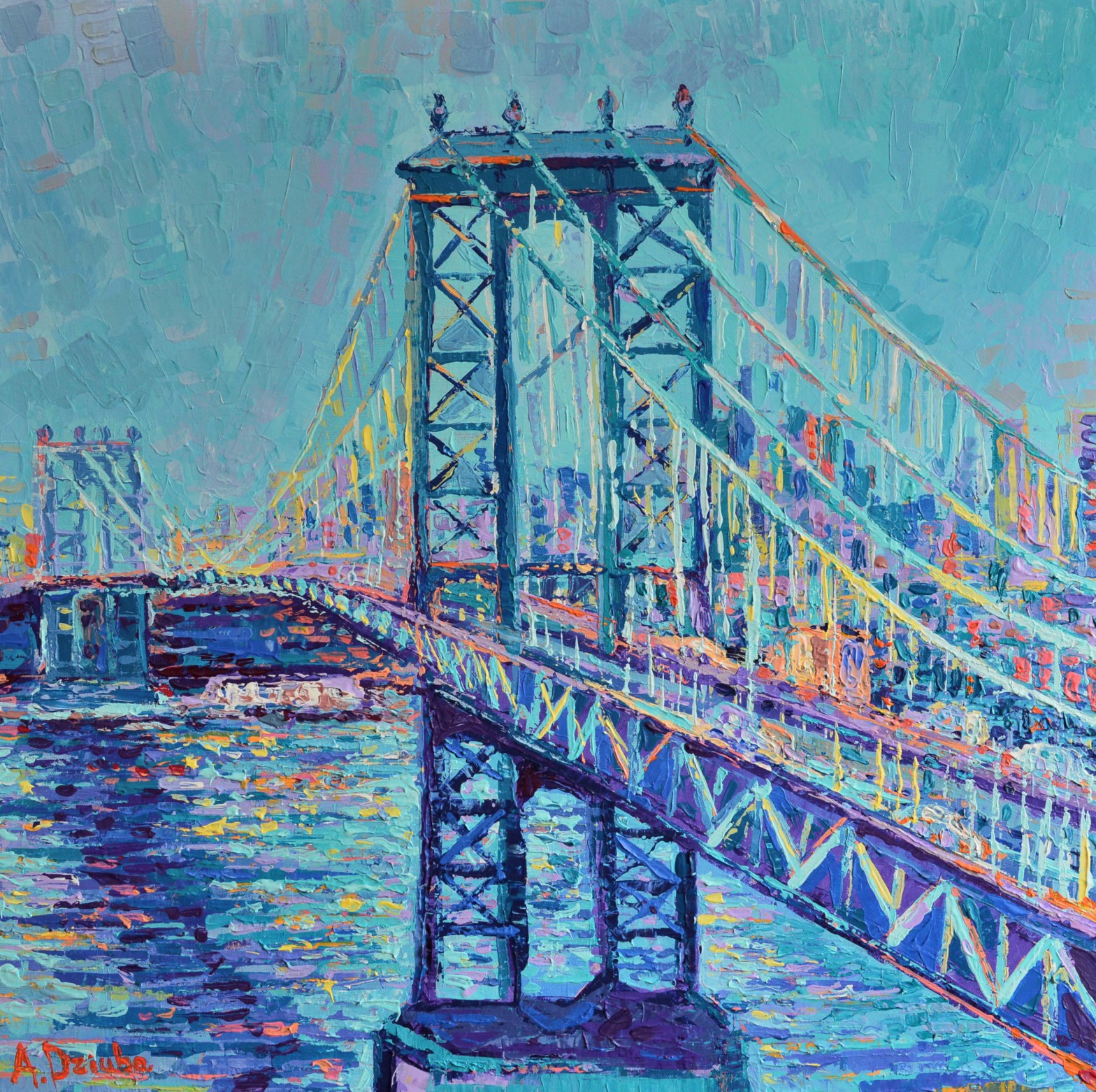 Manhattan Bridge, modern acrylic palette knife painting on canvas inspired by beautiful New York City Landmarks by Adriana Dziuba