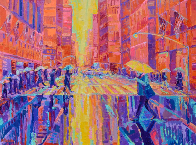 Rain in New York, modern palette knife acrylic painting on canvas of New York Streets in rain by Adriana Dziuba