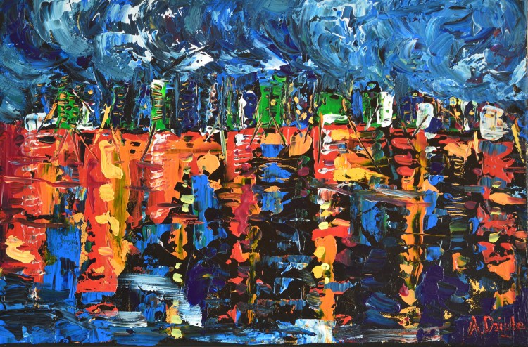 Sleepless City - Original abstract painting of the Hong Kong Harbour by Adriana Dziuba