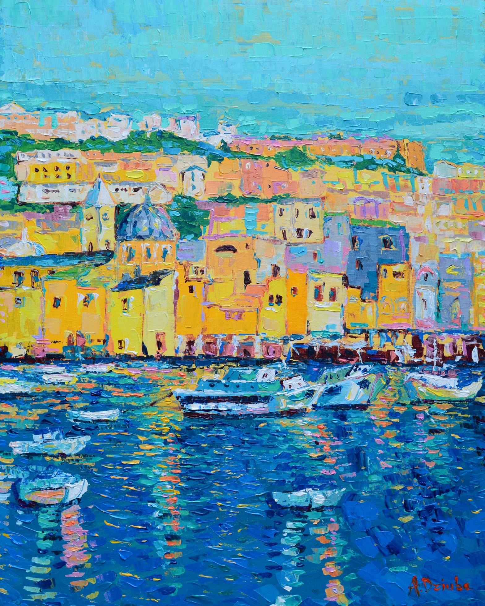 Boats of Genoa, Original acrylic palette knife painting on canvas of colourfull houses and boats of Genoa by Adriana Dziuba