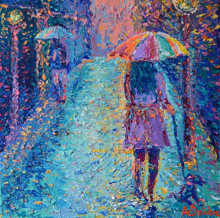 Girl with Rainbow Umbrella, original small modern palette knife acrylic painting on canvas of Girl walking with umbrella at rainy day painted by Adriana Dziuba