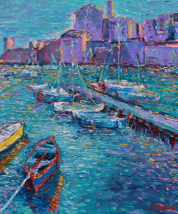 Fishing Boats of Giovinazzo original palette knife city landscape of Italy and coast with fishing boats by Adriana Dziuba