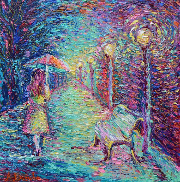 Girl with Pink Umbrella, original small modern palette knife acrylic figurative urban city landscape painting on canvas by Adriana Dziuba