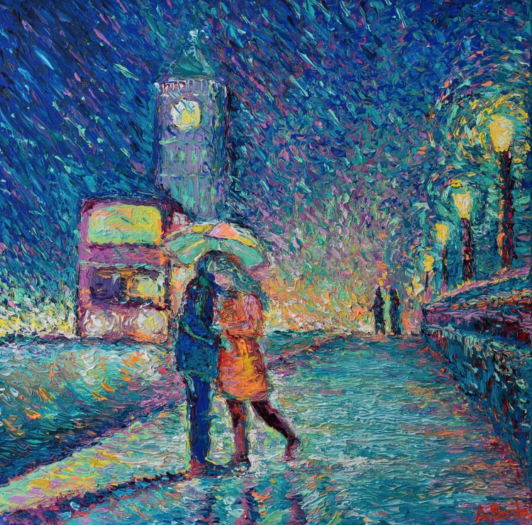 Lovers in Rainy London, original modern palette knife figurative urban city landscape by Adriana Dziuba