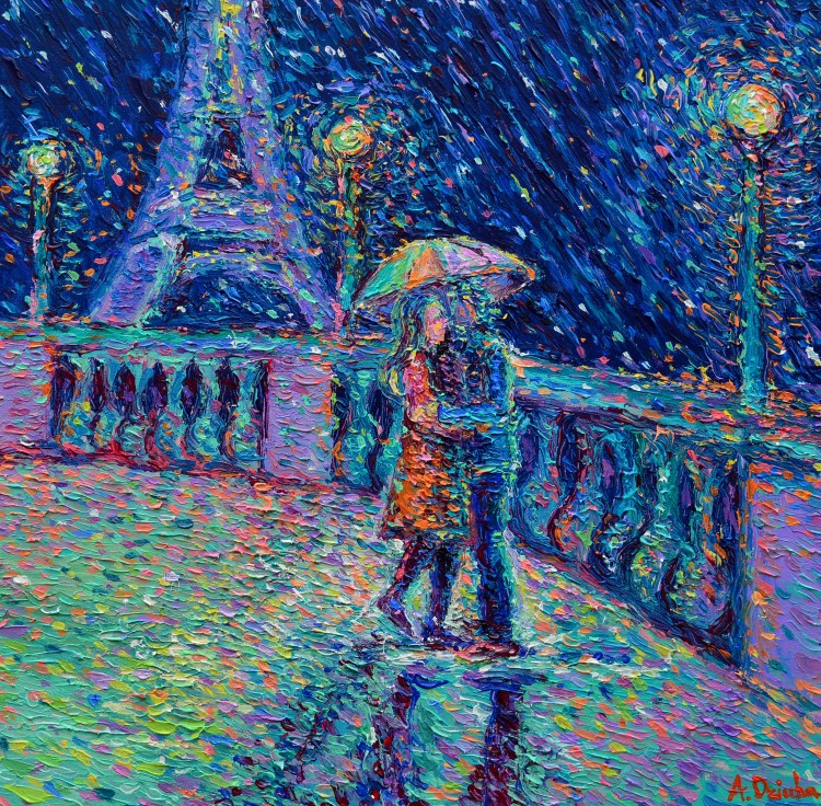 Lovers in Rainy Paris | 60cm x 60cm | Acrylic on Canvas | 2017 | Original Sold | ©Adriana Dziuba
