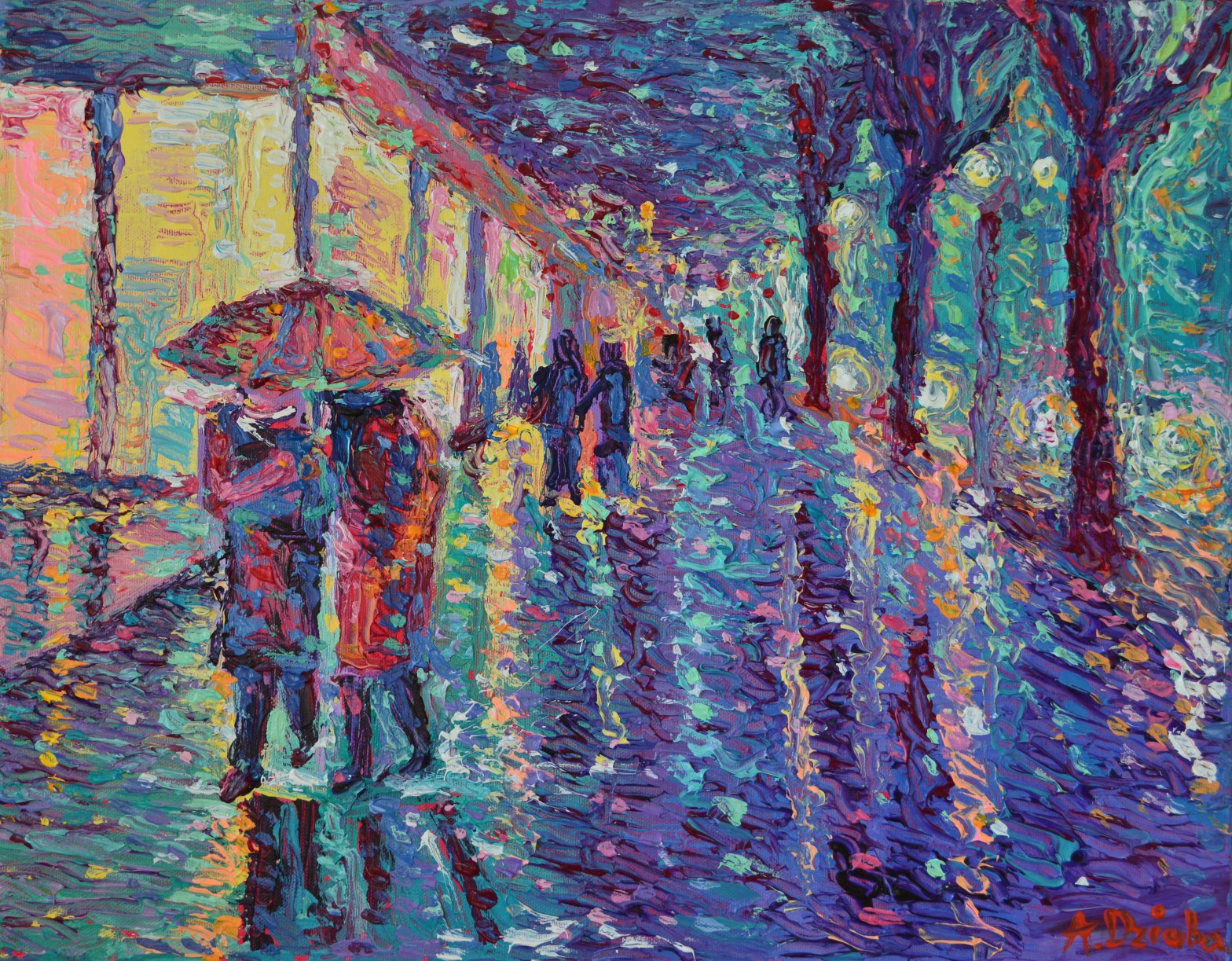 Rainy Night at The City, original modern palette knife figurative urban city landscape by Adriana Dziuba