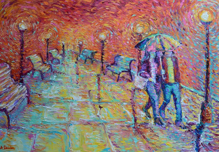 Walking in Autumn Rain, original modern palette knife figurative urban city landscape by Adriana Dziuba